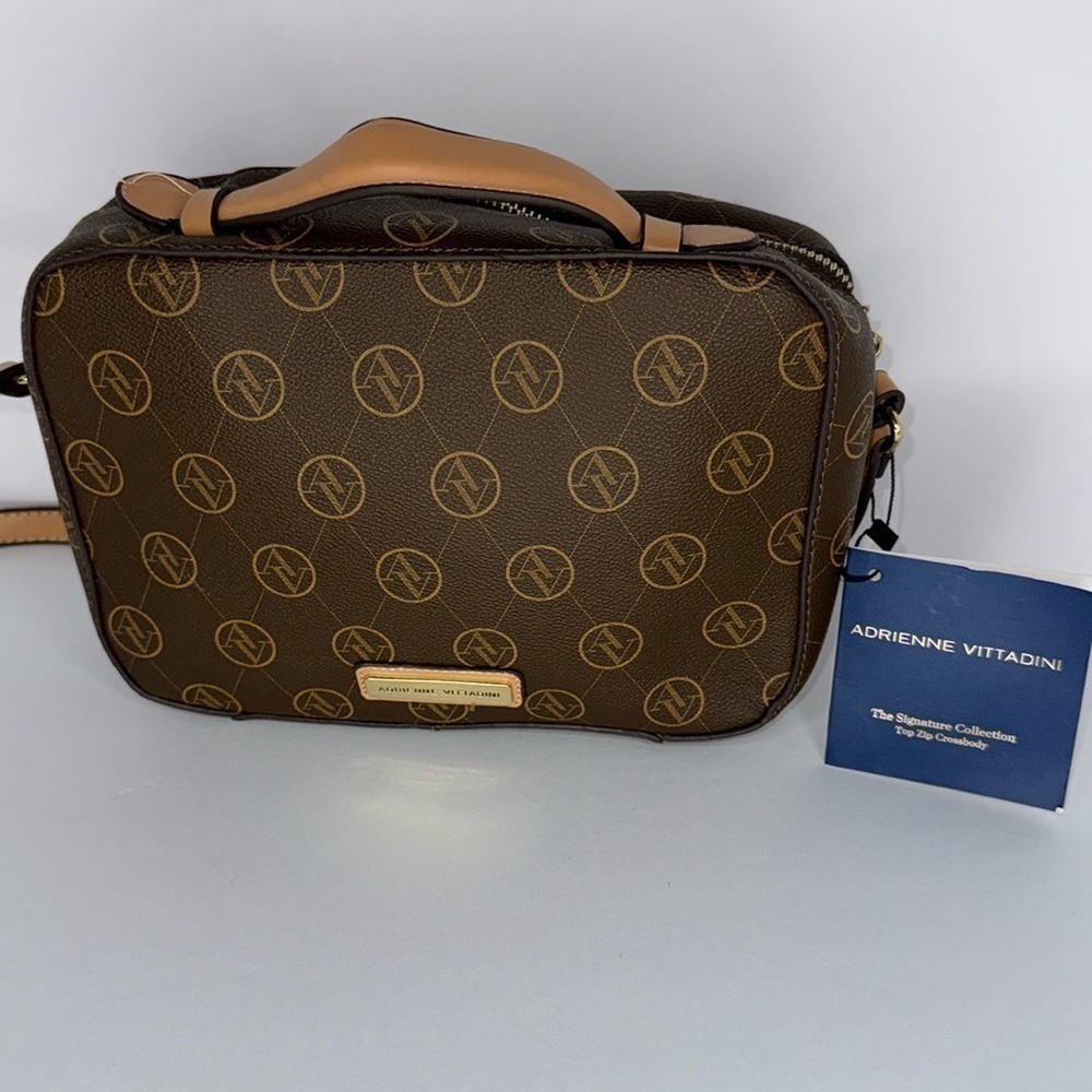 Adrienne Vittadini brown logo tassel crossbody bag